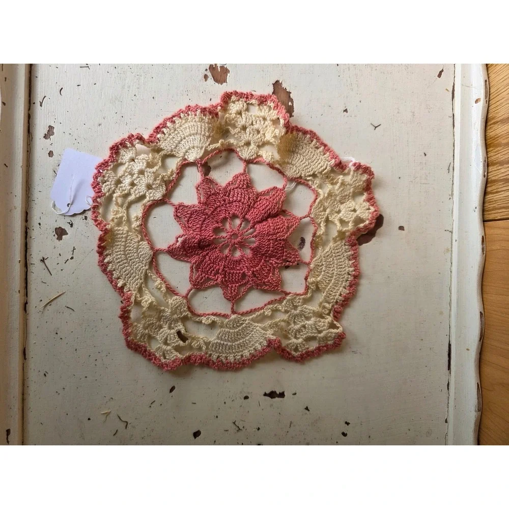 Lot of 5 Vintage Crochet Doilies Pink White Cream Lace Table Decor